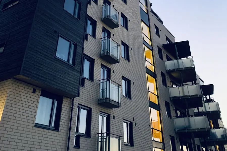A modern residential apartment building with balconies