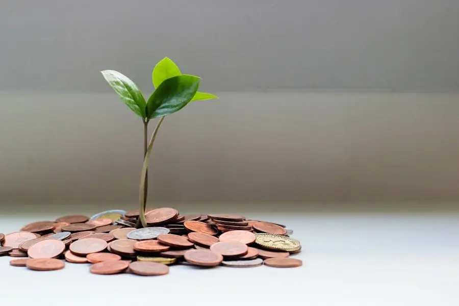 A young plant growing from a pile of coins, symbolising savings from refinancing